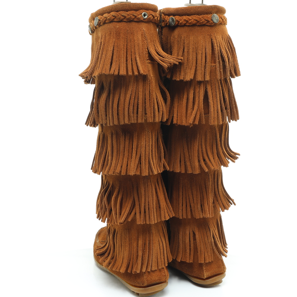 Minnetonka 5 Layer Fringe Suede Leather Moccasins Women 6 Brown - Picture 6 of 15